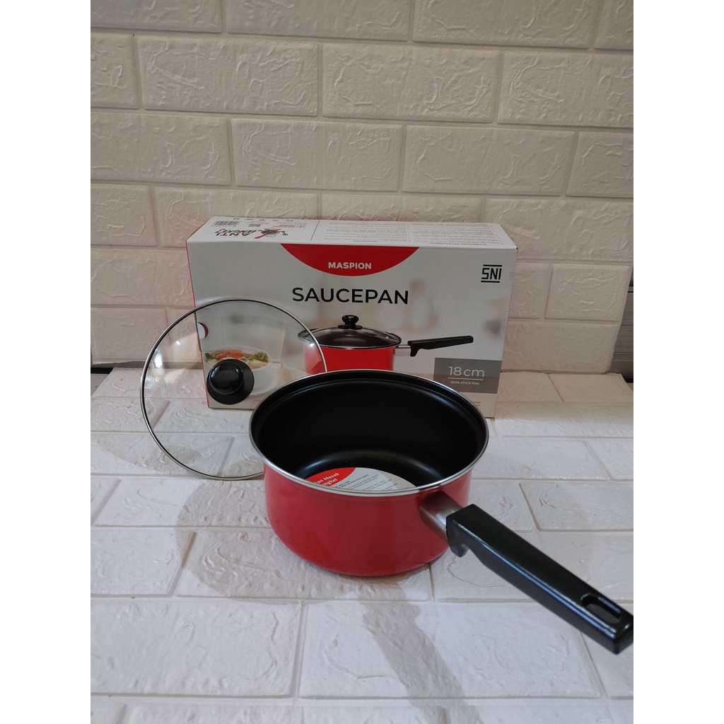 PANCI SAUCEPAN ANTI LENGKET 18 CM MASPION / PANCI PEGANGAN EBONIT / PANCI SAUCEPAN TUTUP KACA