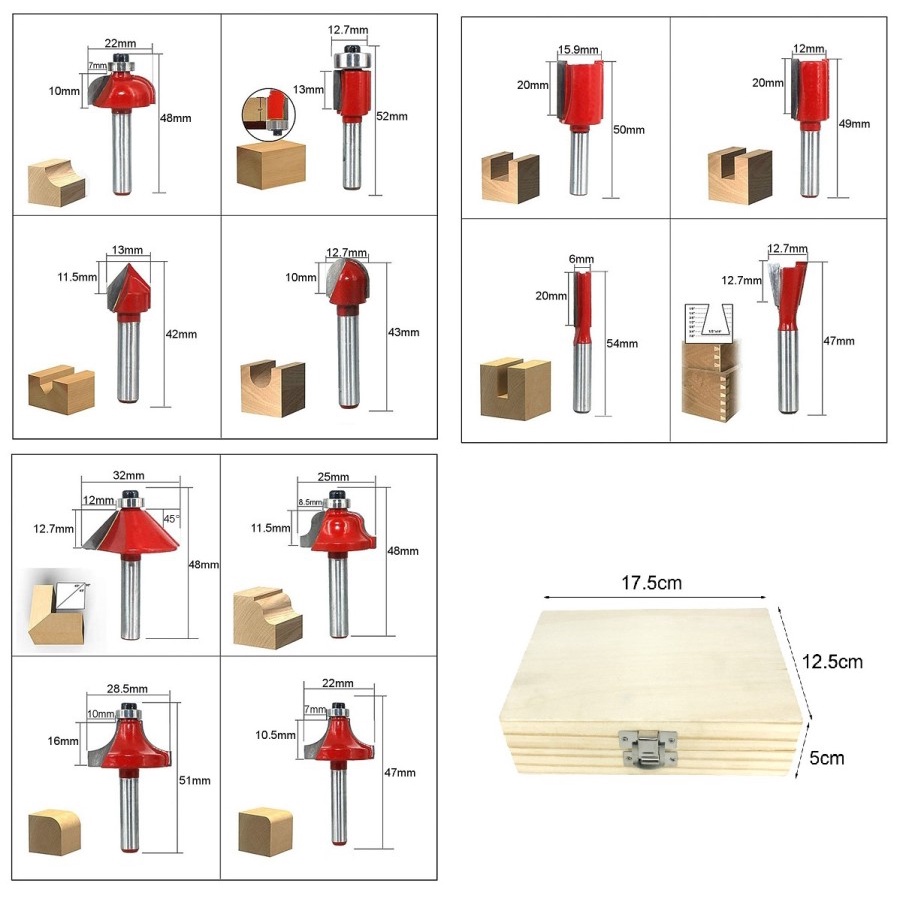 Mata Profil Set 12pcs Trimmer Router Bits Set 1/4” Kayu Router DTHUN