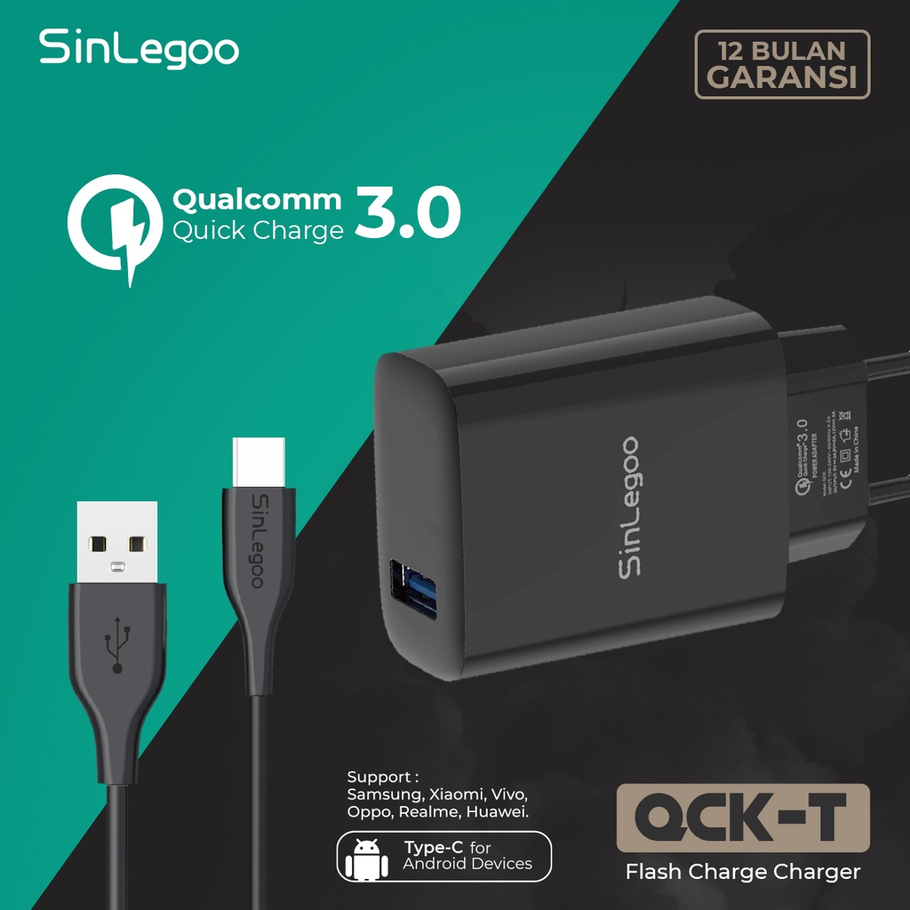 KHANZAACC SINLEGOO QCK-T Charger Qualcom 3A Fast Charging Include Kable Type-C