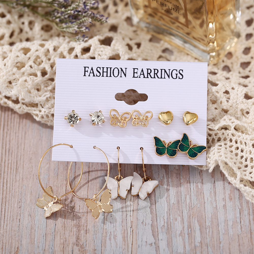 YEEZII 12pcs / Set Anting Bentuk Kupu-Kupu Bahan Akrilik Aksen Kristal Gaya Retro Untuk Wanita