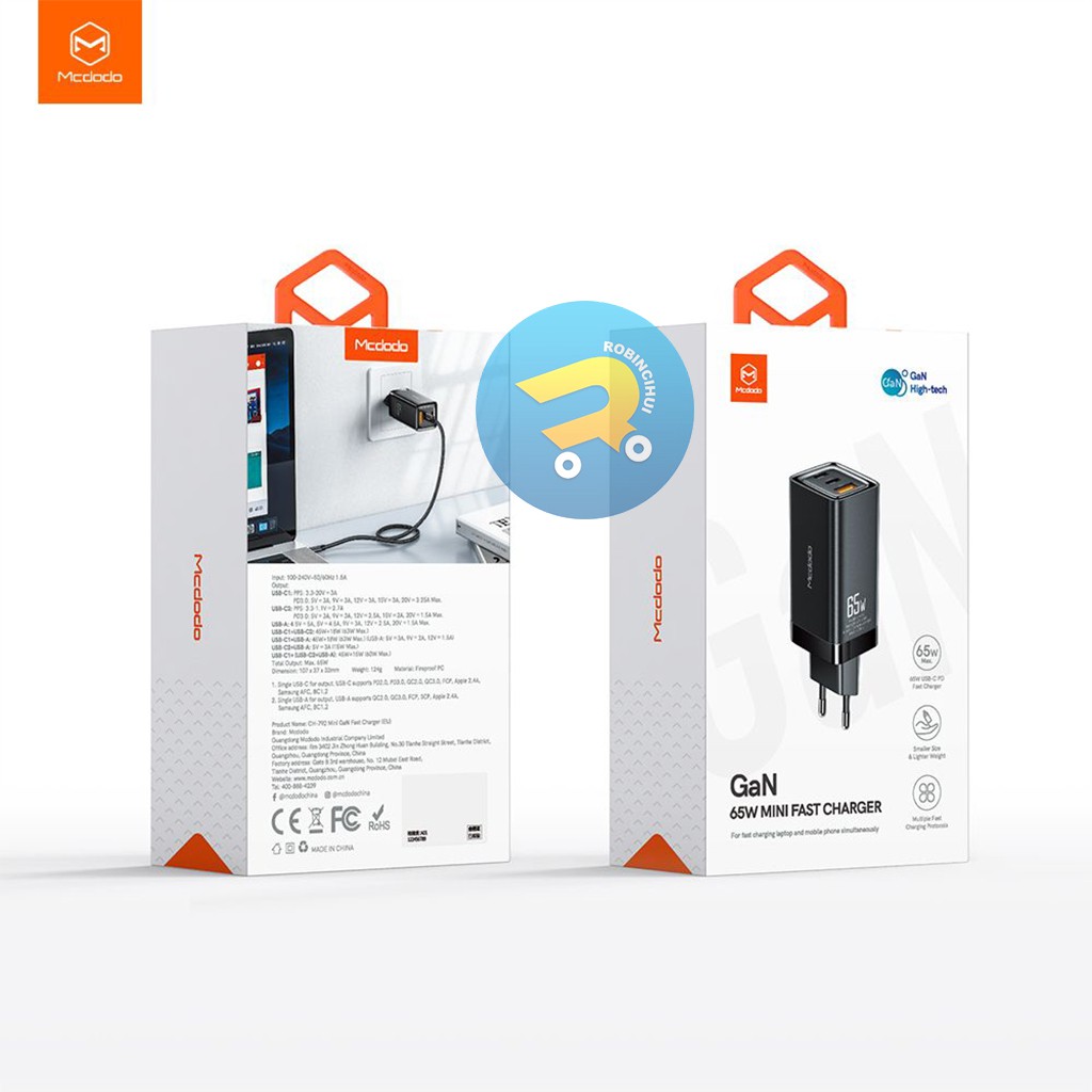 MCDODO Adaptor GAN 65 Watt Charger Triple (3) Slot Fast Charging VOOC - QC3.0 - QC4.0 - Aplle 2.4a, Iphone Fast Charging - Adaptive Fast Charging(AFC) - FCP - SCP Charger Samsung - Adaptor oppo - Adaptor Samsung - Adaptor Vivo - Adaptor Xiaomi