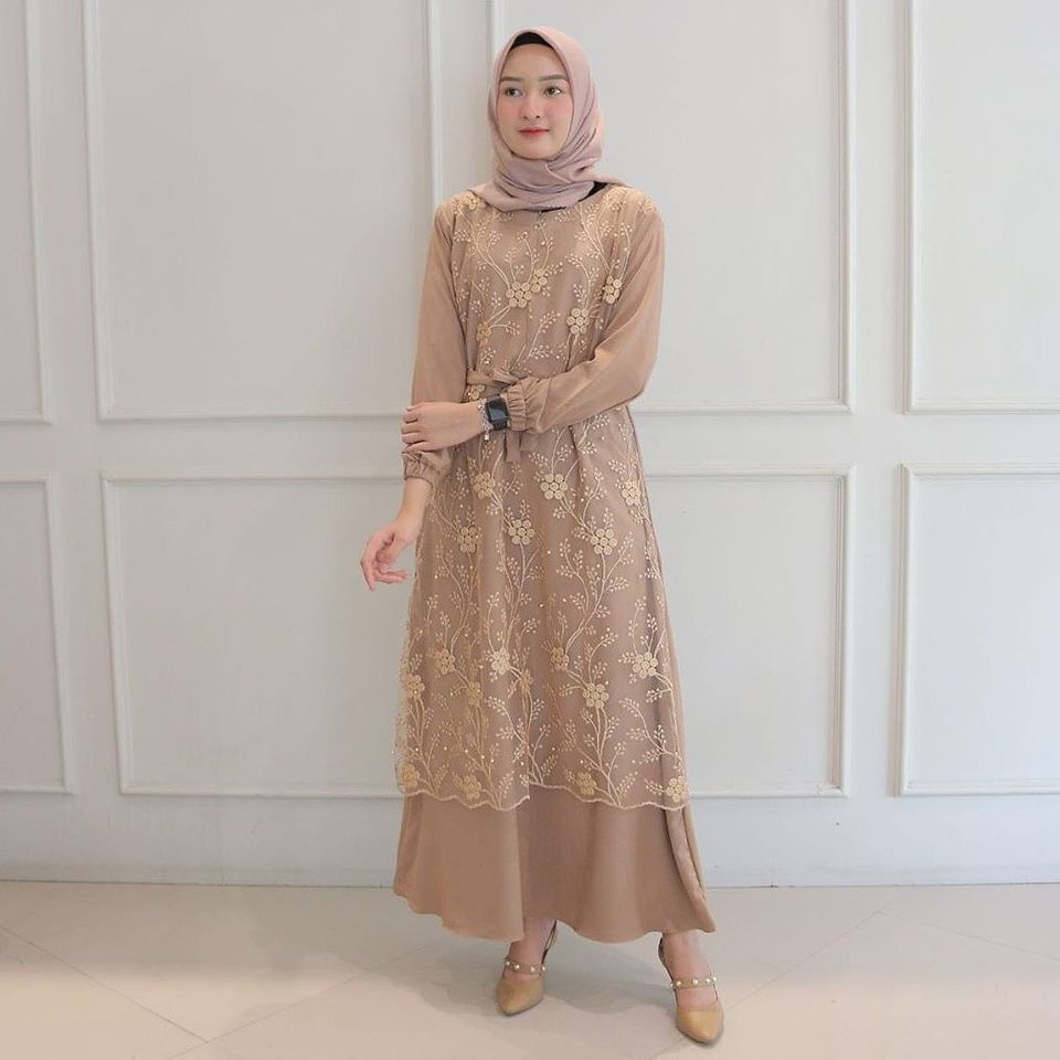 ALMIRA DRESS TILE MUTIARA - BRUKAT PARTY GAMIS MAXY REMAJA DEWASA BROKAT WANITA PREMIUM - DRESS BUSUI RESLETING DEPAN