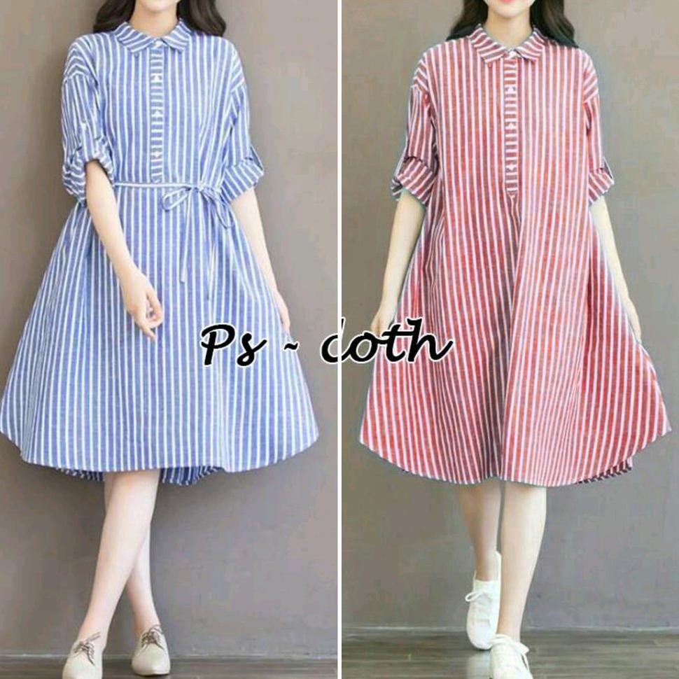 DISKON SQ 0767 JUMBO SALUR KATUN DRESS TERUSAN ROK PENDEK SALUR STRIPE GARIS XXL LENGAN TANGAN