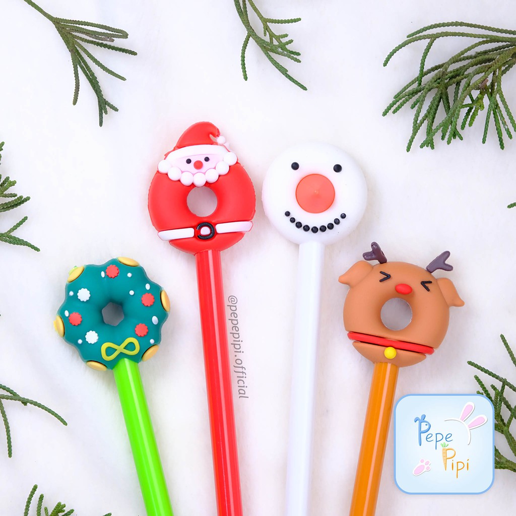 4 &amp; 12 Pcs Pena Natal Donat Santa Rusa Snowman Christmas Wreath Pulpen Pen Bolpen Gelpen Karakter