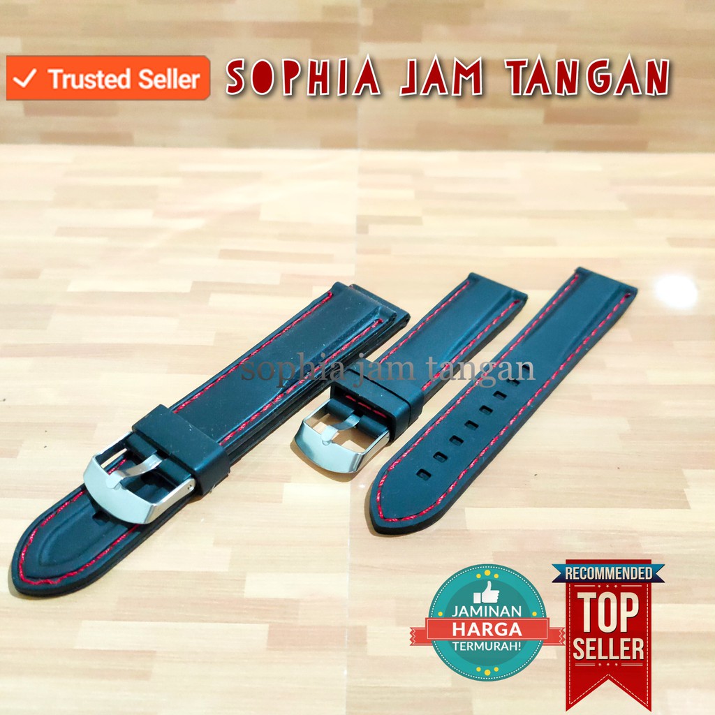 termurah tali jam tangan karet warna hitam list merah , strap jam tangan karet rubber
