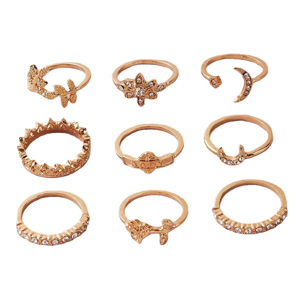 Bayi Bulan pentagram Bintang Bulan Daun Rose Diamond Crown 9 9 buah set ring set