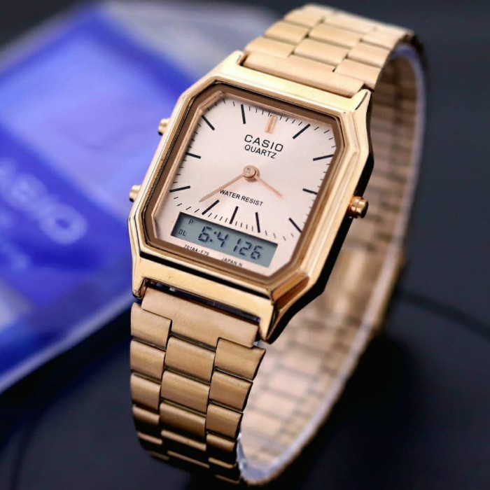 JAM TANGAN WANITA CASIO AQ230 AQ 230 RANTAI ROSHGOLD ANALOG DIGITAL