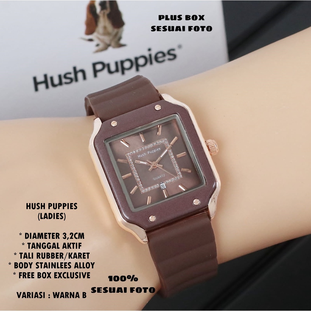 (FREE BOX) JAM TANGAN WANITA HUSH PUPPIES TALI RUBBER BODY SEGI TANGGAL AKTIF