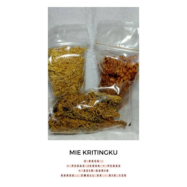 

MIE KRITING 3 VARIAN RASA : • ASIN • PEDAS • PEDAS JERUK (BEST SELLER)