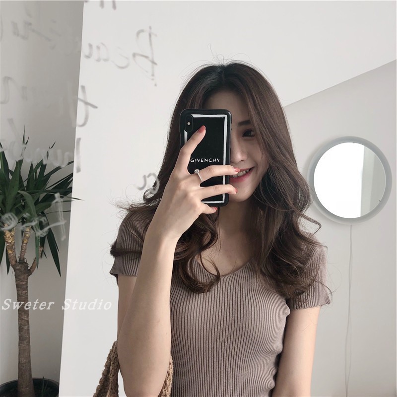 Kaos Wanita Korean Style Pendek Es Sutra Rajut Atasan Lengan Pendek Tipis Knit T-shirt