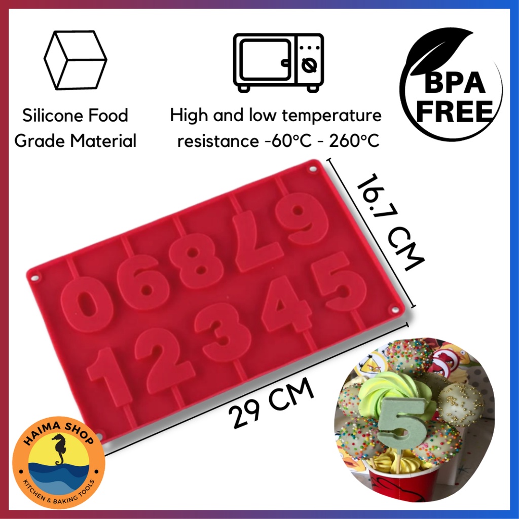 Cetakan Silikon Cokelat 3D Food Grade / Cetakan Silikon Permen Lollipop Angka Besar 0 - 9 3D
