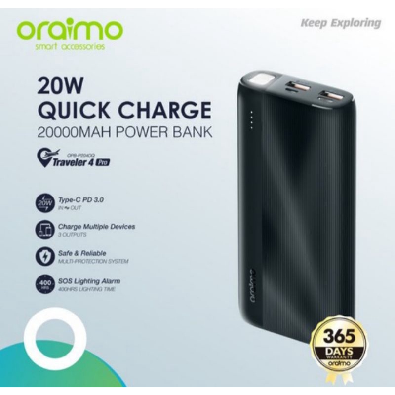Power Bank Oraimo Traveler 4Pro PowerBank 20000Mah Quick Charger OPB-P204DQ Fast Charging