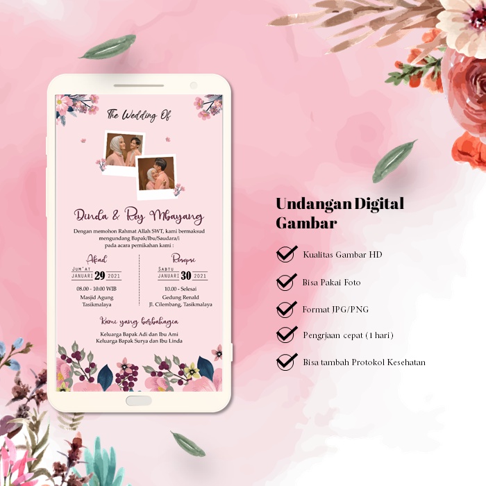 Jual Gambar Undangan Digital Pernikahan JPG PNG Pink Elegan Untuk ...