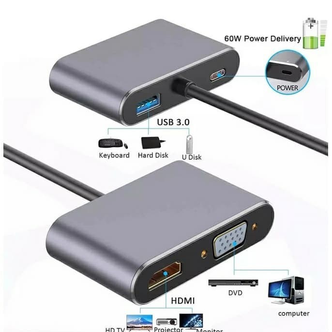 Converter USB Type-C To HUB PD USB 3.0 HDTV VGA 4 In 1 Adapter 3.0