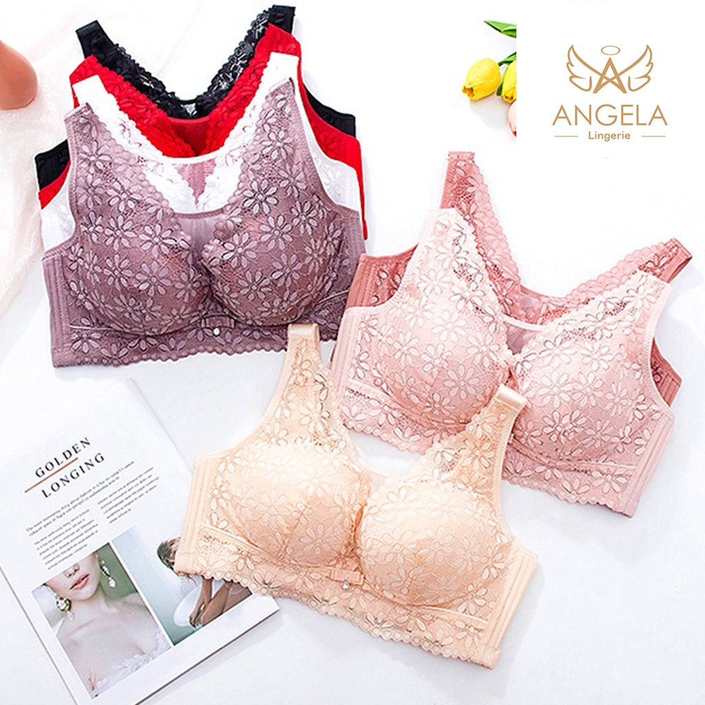 ANGELA PREMIUM JAPAN Bra BH JUMBO Big SIZE 36 - 44 Ukuran Besar Push Up Tanpa Kawat Wanita Bikini Sport Beha Lingerie Korea Fashion Bralette Remaja Perempuan Sexy COD Renang Motif Bunga Cewek Pita Bunga Murah Lala Bralette