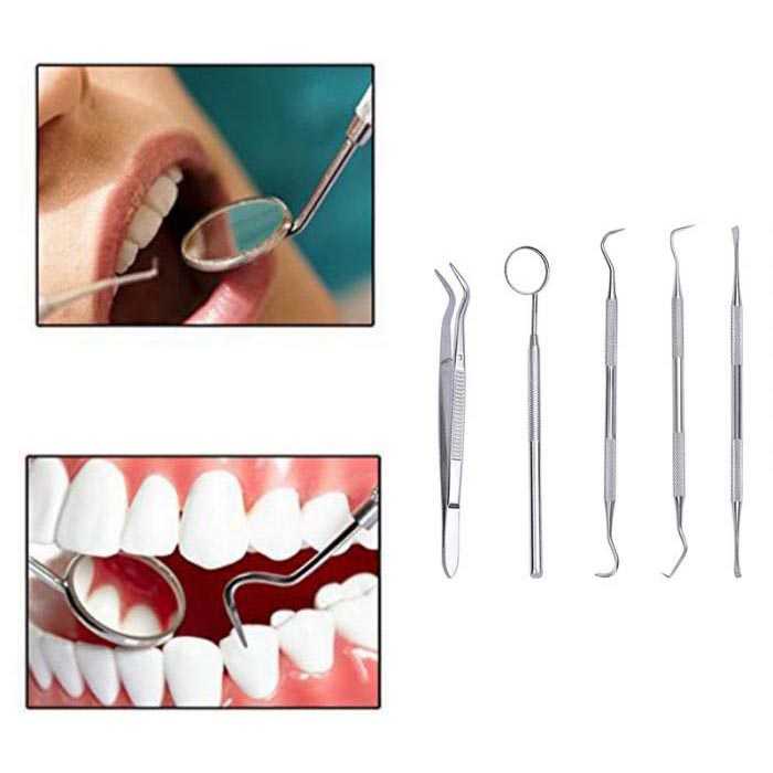 Peralatan Oral Perawatan Dokter Gigi Dental Care 5 in 1 / Alat Perawatan Mulut Gigi Bahan Stainless Steel Anti karat Aman / Alat Perawatan Gigi Dan Mulut 1 Set Penjepit Pengikis Scaller Cermin Gigi Putih Bersih / Alat Kesehatan Gigi Murah Original