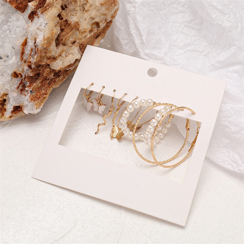 5 Pasang / Set Anting Hoop Desain Butterfly Snake Aksen Mutiara Untuk Aksesoris Wanita