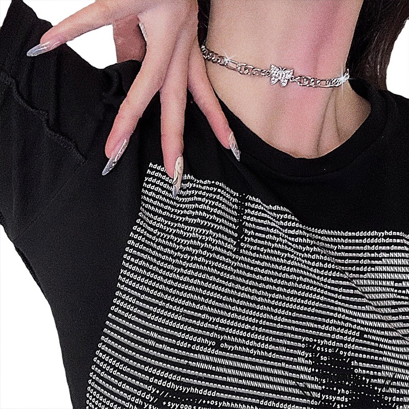 Kalung Choker Rantai Silver Tebal Desain Kupu-Kupu Hias Berlian Gaya Retro Korea Untuk Wanita - ol