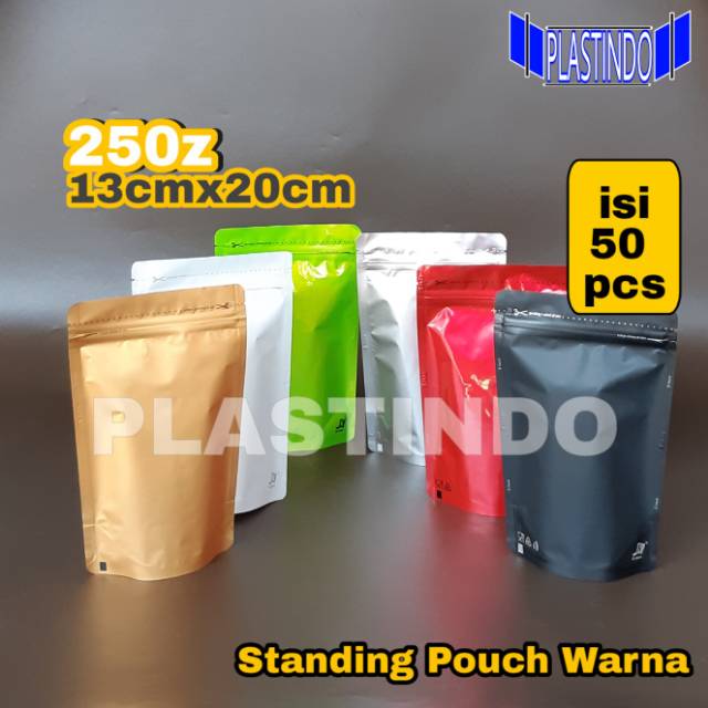 Isi 50 Standing Pouch Super Aluminium Foil warna 250 gram 13x20