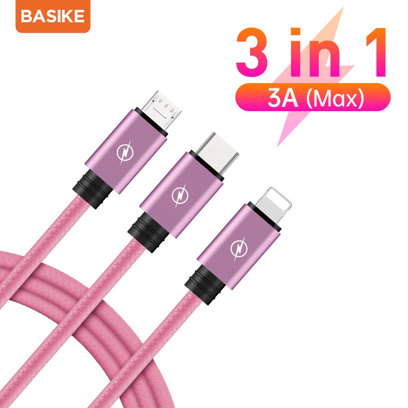 Kabel Data 3 in1 Micro+Lightning+Type-C Telescopic cable iPhone Fast Charging Xiaomi Samsung Vivo-BSK-CH21 pink 3A