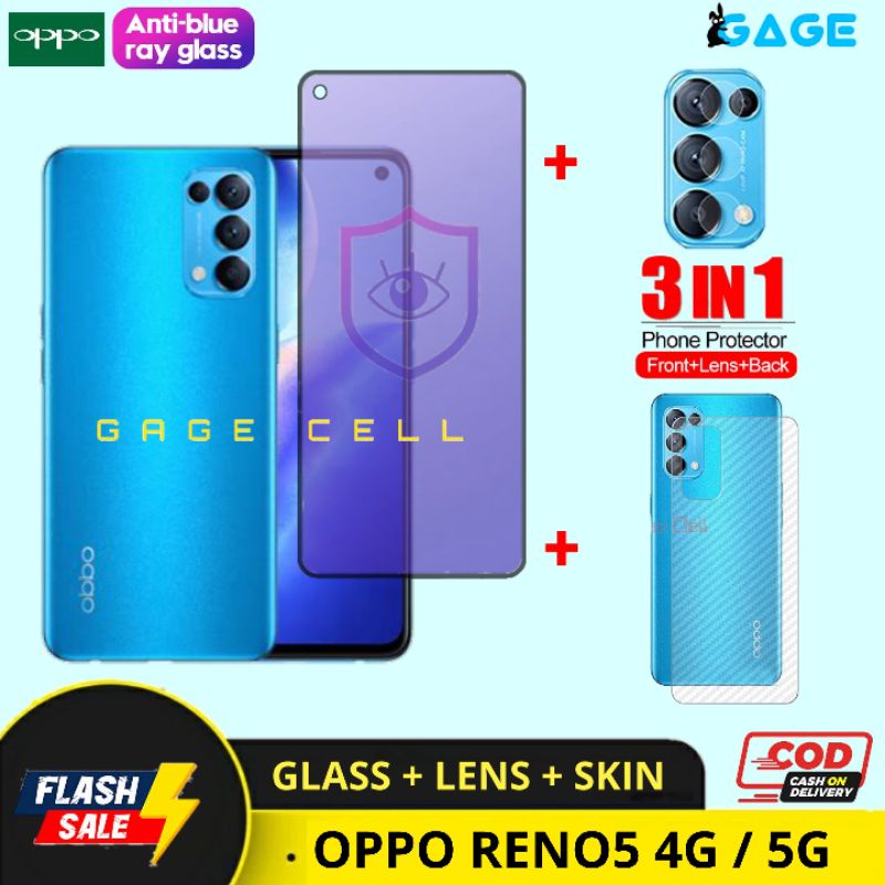 PAKET 3 IN 1 TEMPERED GLASS ANTI RADIASI BLUE LIGHT OPPO RENO 5 RENO5 4G 5G FULL LAYAR SCREEN