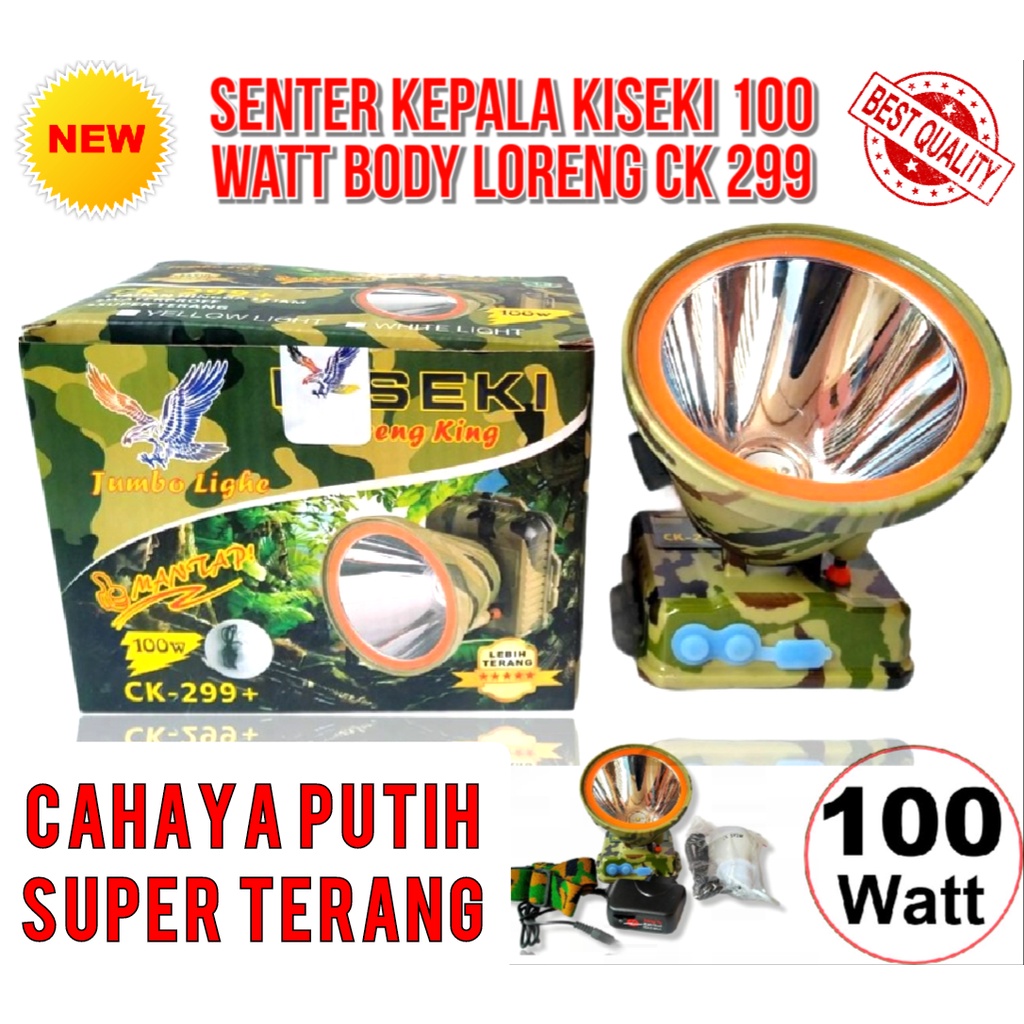 Senter Kepala KISEKI 100 Watt Body Loreng CK-299+ / KISEKI 200W CK-698++ Cahaya Putih Battery Lithium 5000mAh / Senter Kepala 100W