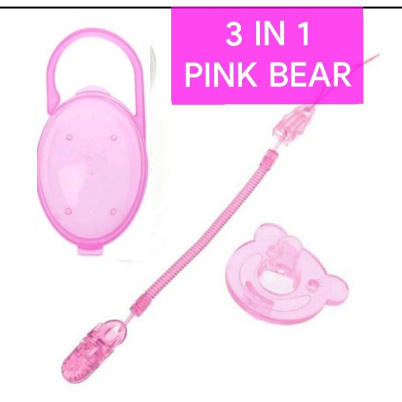 Dot Bayi Empeng Bayi Silikon 3 in 1 set orthodontics bpa free Dot Empeng Bayi Silikon with box and chain-3 IN 1 PINK BEAR