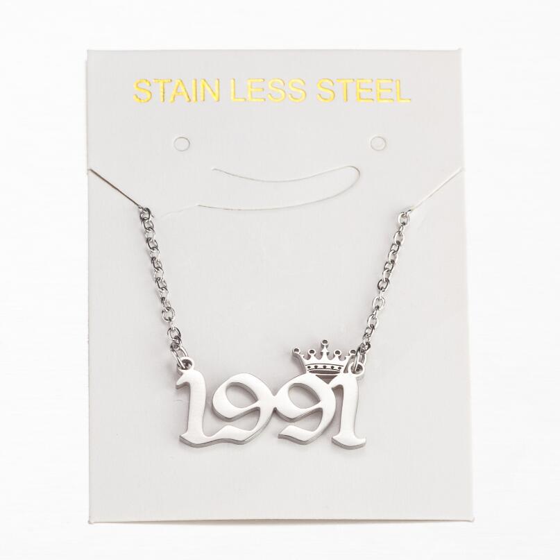 Kalung Rantai Liontin Mahkota Angka 1980-2019 Bahan Stainless Steel Untuk Wanita