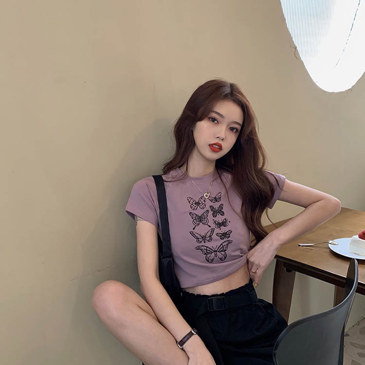 yikoo-t-shirt motif kupu-kupu korea lengan pendek crop top wanita ramping