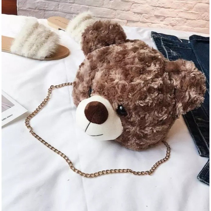 Tas selempang bulu bear Cute Plush tedy Bear Shape Women Crossbody Shoulder Bags Ladies Girls Casual Chain kekinian 2022