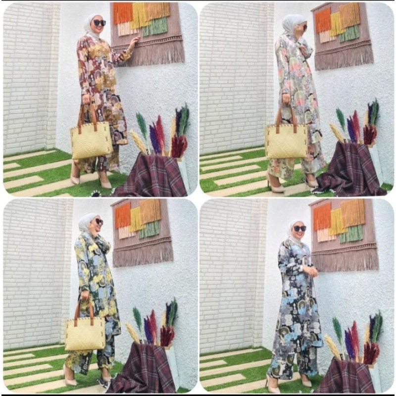 SETELAN CELANA MAXMARA DAN LONG TUNIK BELAH/PAKAIAN MUSLIM MOTIF/SET CEL BAWAHAN DAN ATASAN MOTIF