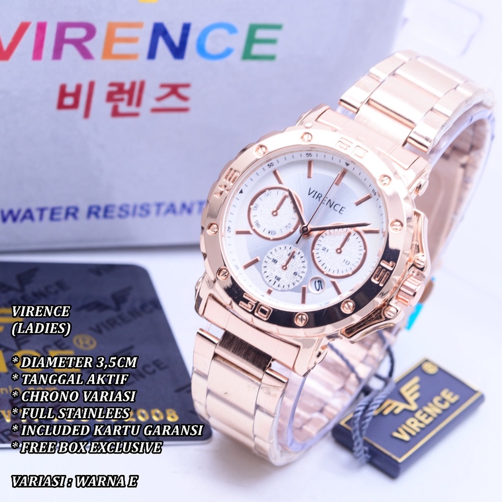 (FREE BOX) JAM TANGAN WANITA VIRENCE RANTAI BODY BULAT TANGGAL AKTIF CHRONO VARIASI