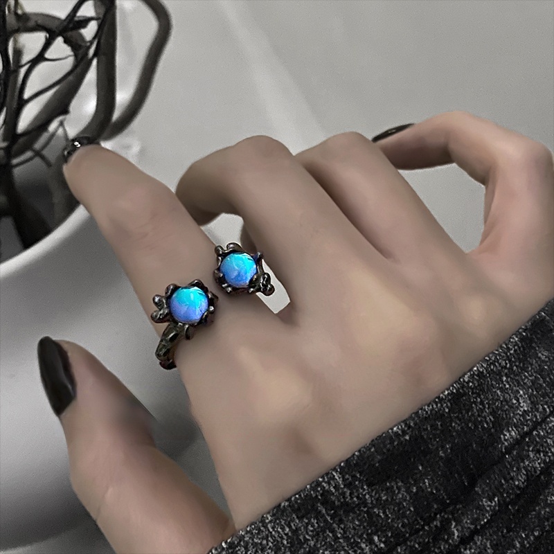 Cincin Model Terbuka Aksen Opal Gaya Harajuku