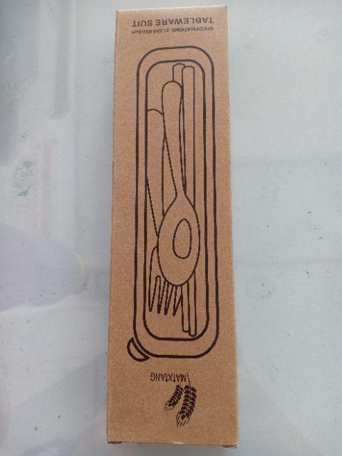 Sendok Garpu Sumpit Portabel Set Travel Cantik Bahan Jerami Gandum (ada Kotak Kerdusnya)