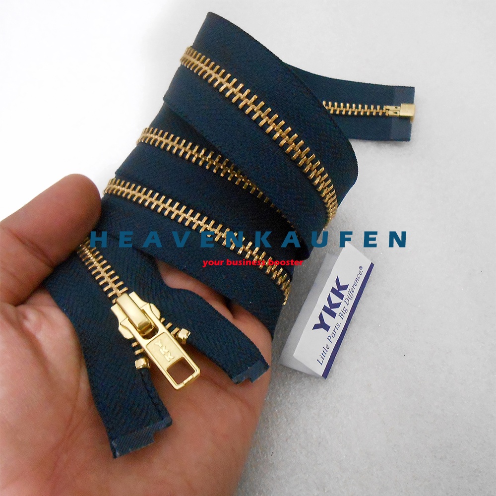 Resleting Zipper Jaket YKK 70 cm / 28 inch Biru Navy Dongker - Gold Emas Type Gigi Besi Set Open End Buka Lepas