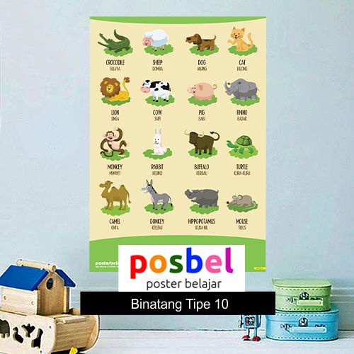 Poster Edukasi Anak POSBEL Binatang Tipe 10 untuk Belajar Hewan Pendidikan Usia PAUD TK SD Mainan