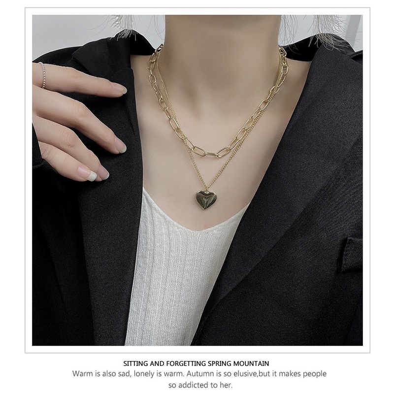 Korea ins elegan jantung-berbentuk double-layer twin kalung wanita cinta pribadi liontin retro peach