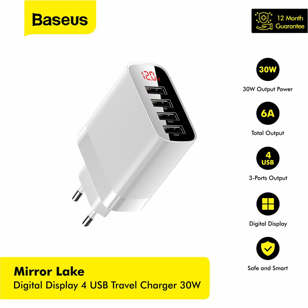 BASEUS Mirror Lake Digital Display 4USB Travel Charger 30W - ccjmhb-b