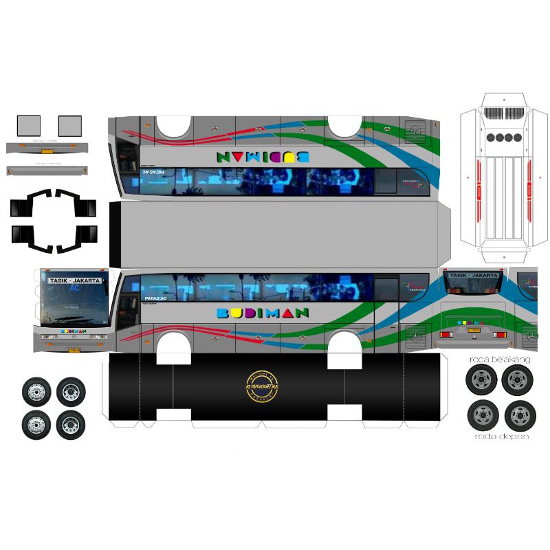 lembaran pola papercraft bus budiman skala 50