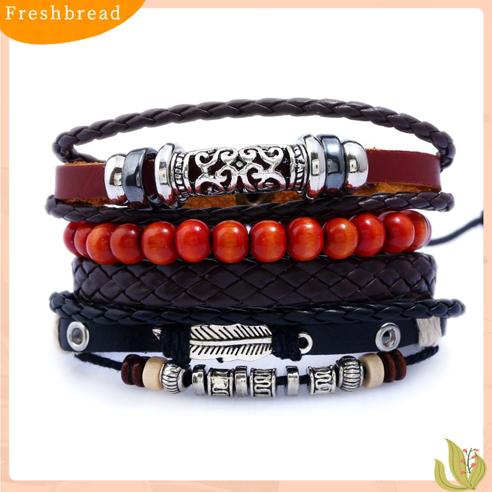 [TERLARIS]4 Pcs Retro Punk Men Beads Faux Leather Braid Multi Layers Adjustable Bracelets