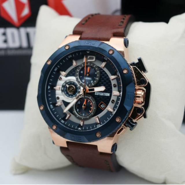 jam tangan cowok expedition ex  6751 rosegold blue tali kulit