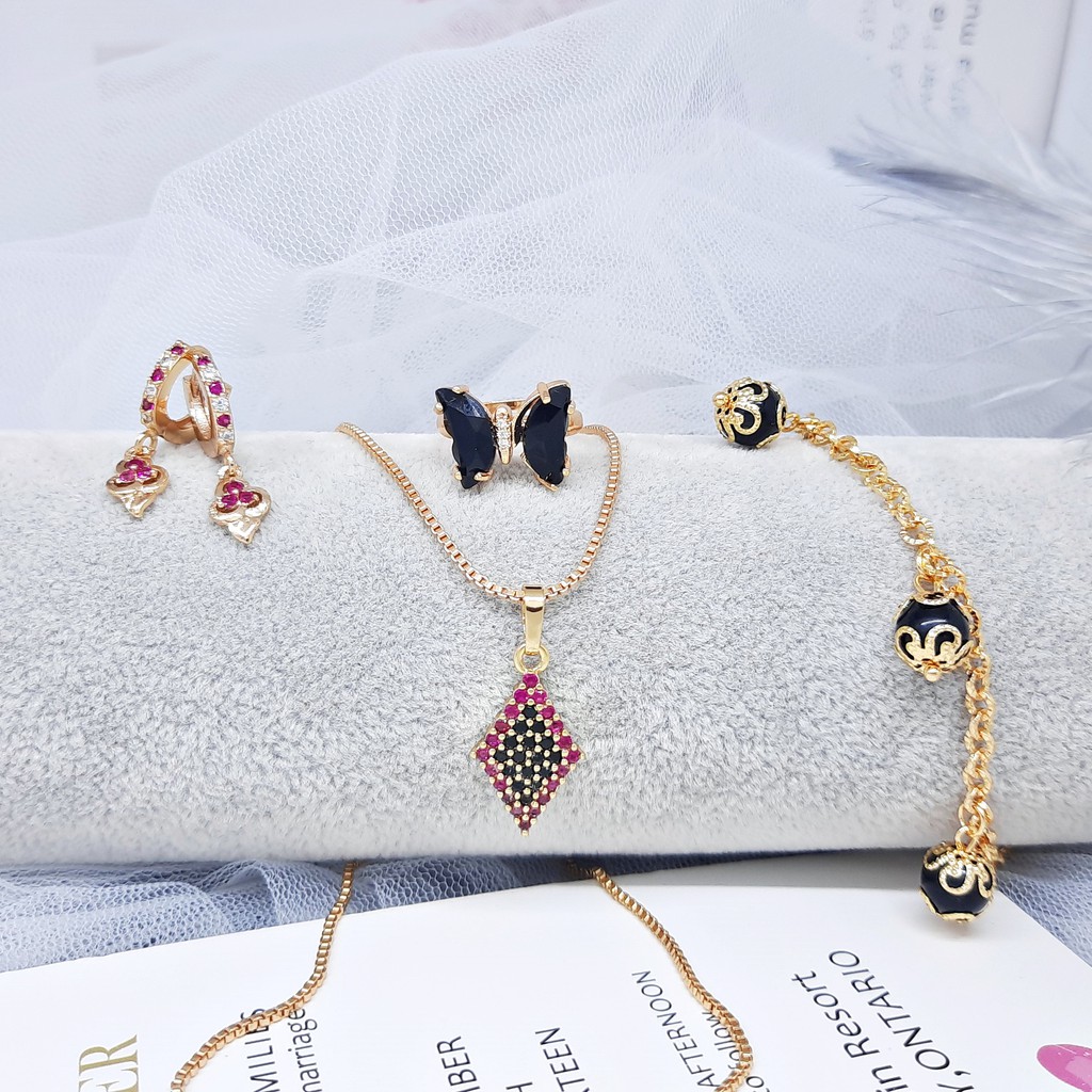 Xuping Set Perhiasan Kalung Anting Gelang Cincin Batu Ungu Hitam Rhodium Lapis Emas - BS039