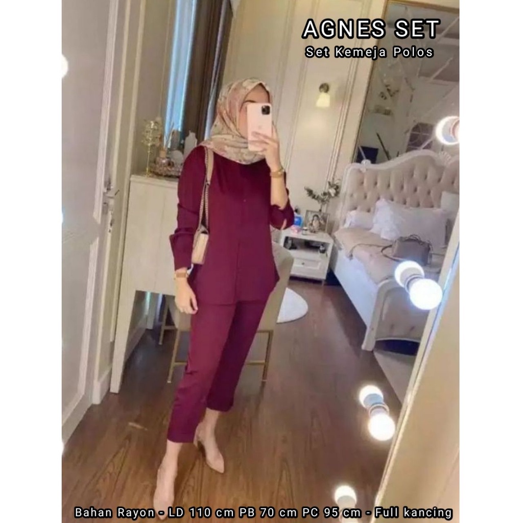 Agnes One Set Wanita Rayon Premium Setelan Wanita Kemeja Polos Lengan Panjang Set Celana Wanita Kekinian LD 110 cm