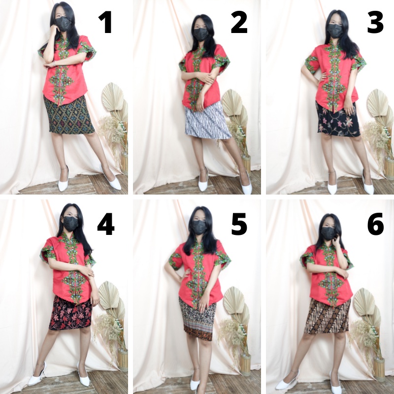 SB COLLECTION Stelan Atasan Kebaya Safari Blouse Bordir Dan Rok Plisket Midi Jumbo Batik Wanita