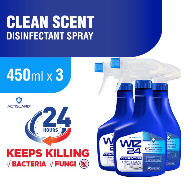 sale 3 x 450ml WIZ 24 Disinfectant Spray Clean Scent Disinfektan Anti Virus Diskon