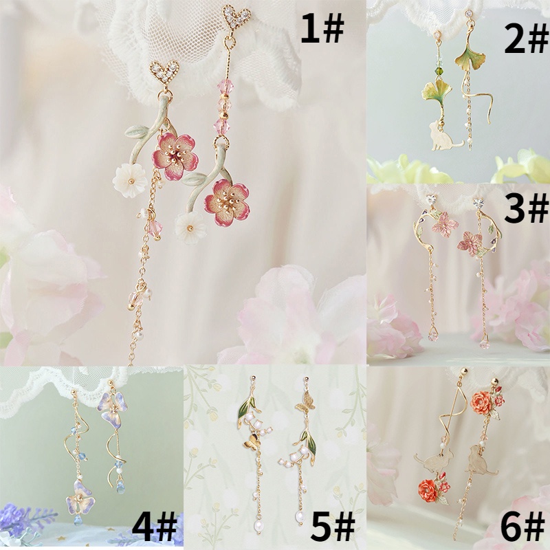 Anting Tusuk Asimetris Bentuk Bunga Peach Blossom Warna Pink Untuk Wanita