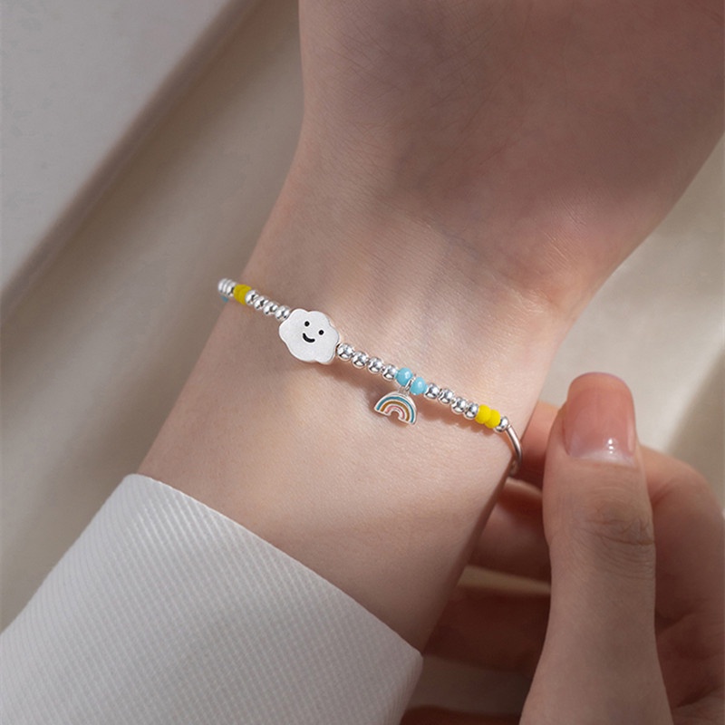 Gelang Persahabatan Desain Manik-Manik Smiley Warna Pelangi Gaya Korea Adjustable Untuk Pasangan