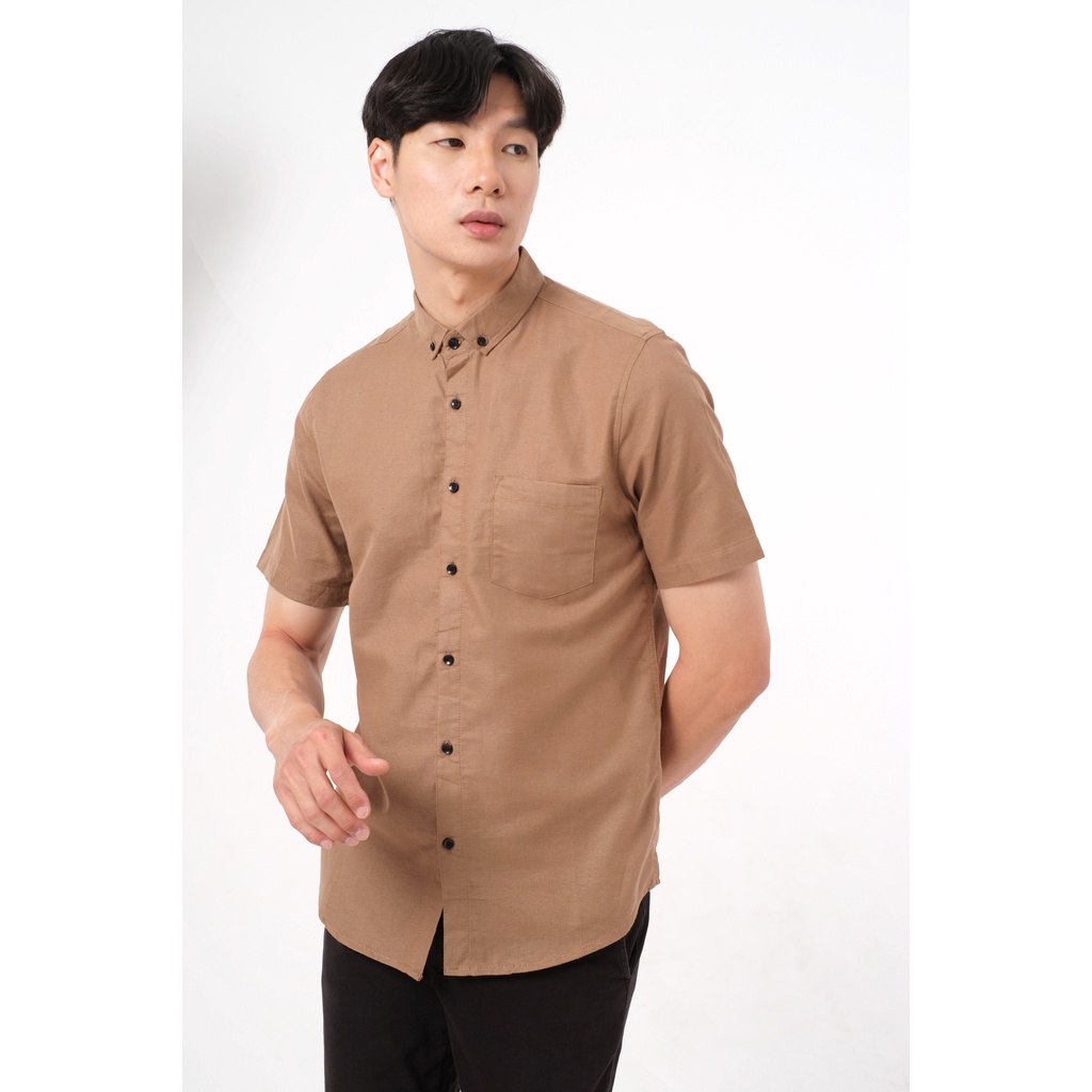 SANVANINA Kemeja Lengan Pendek Pria Slim Fit Khaki | Short Basic Rami E-1507F