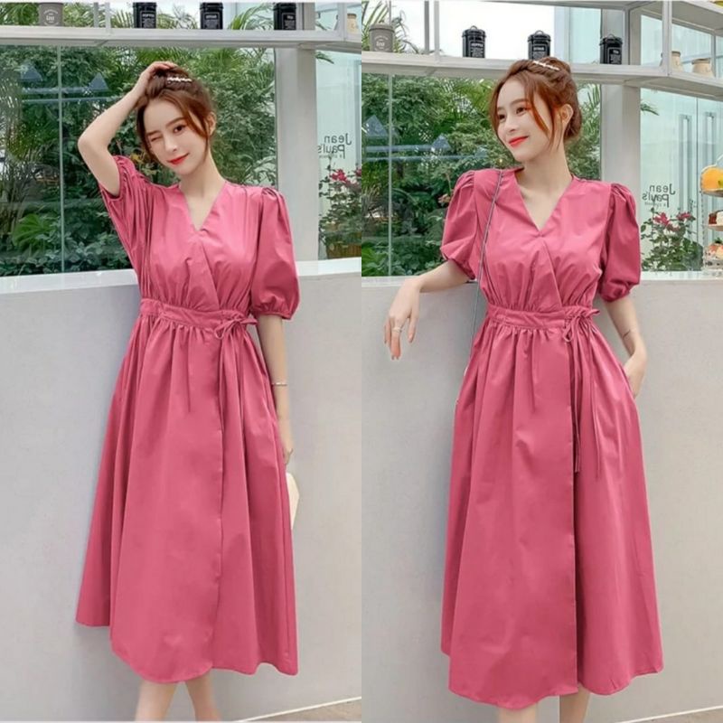 COD✔midi dress wanita dress miyuki ns/pakaian wanita kasual dress polos/dress selutut lilac yang san