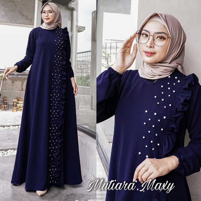Baju Gamis Wanita Terbaru Gamis 2021 Bahan Calvin Jeans Ld 98 Mel RR312 Mutiara Maxy Navy [Gamis 015
